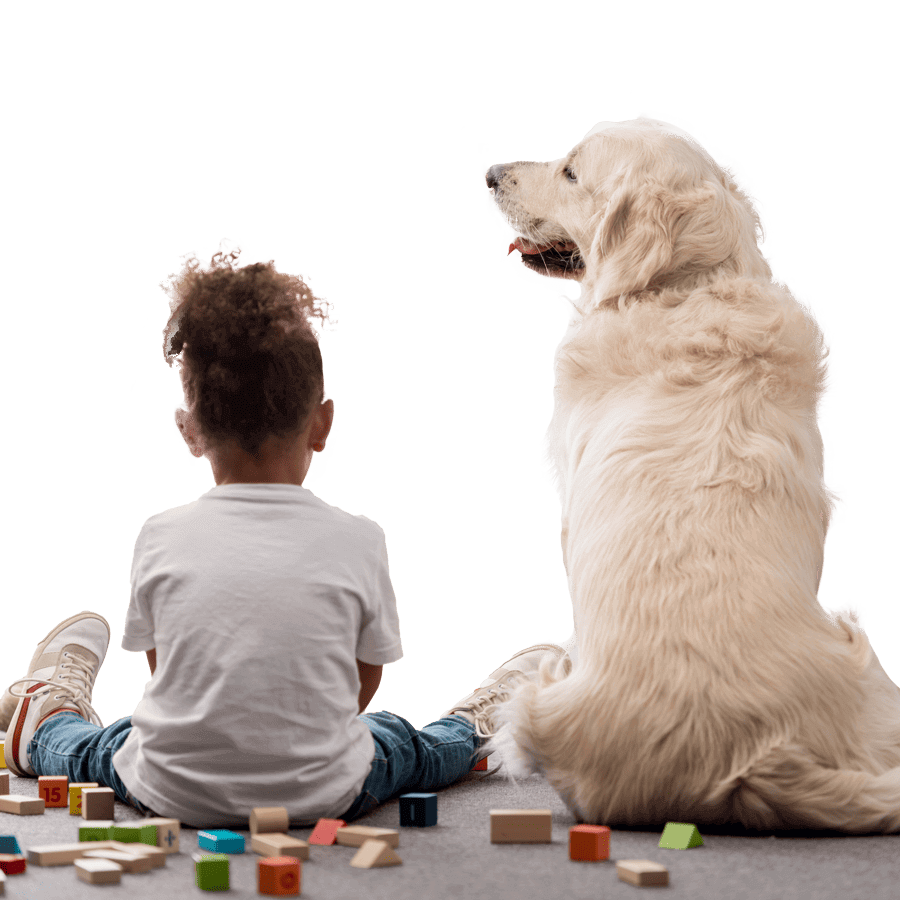Veterinary services from puppy and kitten to senior care. Child playing with a healthy dog.